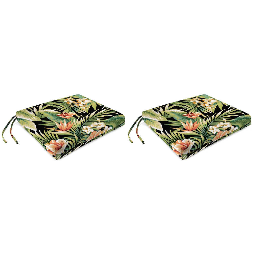 Black Leaves Rectangular Outdoor Chair Pad Seat Cushion with Ties, 2 Pack C507