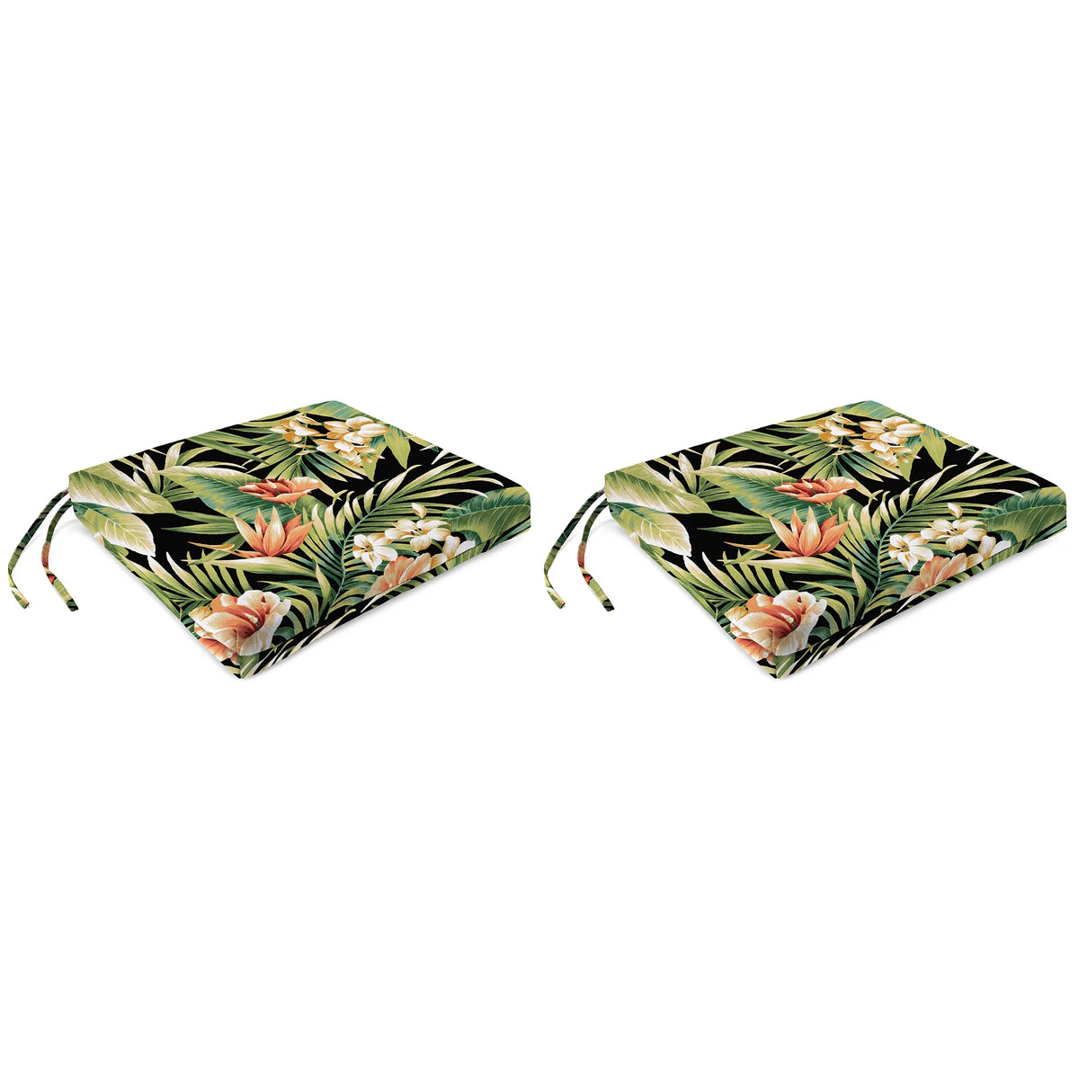 Black Leaves Rectangular Outdoor Chair Pad Seat Cushion with Ties, 2 Pack C507