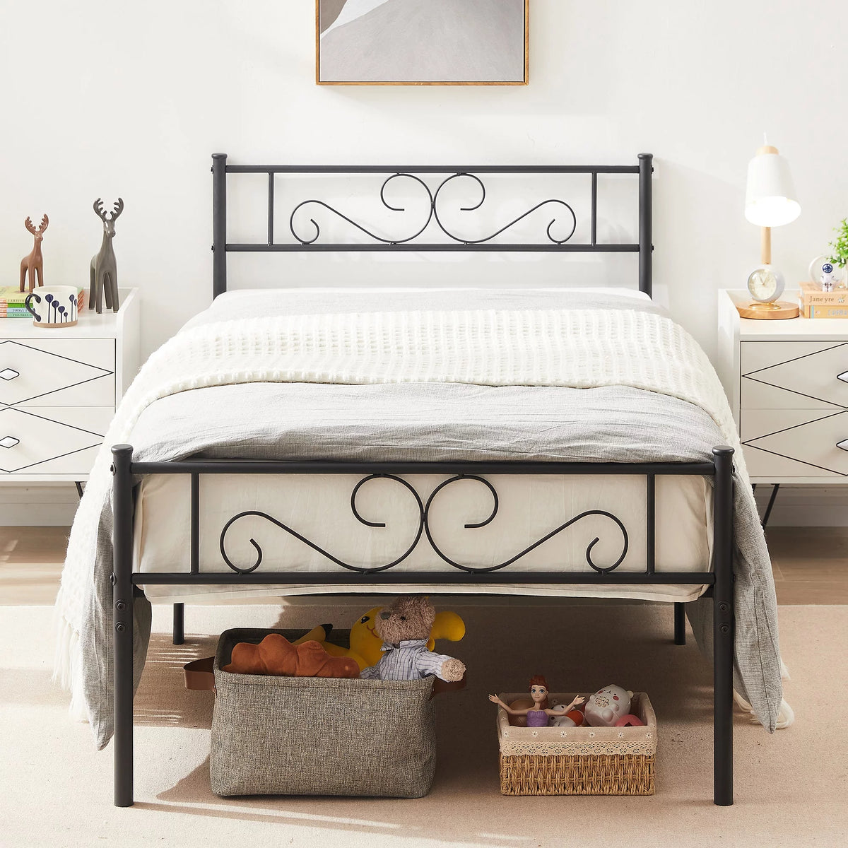 3-Piece Bedroom Set with Twin Bed Frame and 2 Black Nightstands S55713