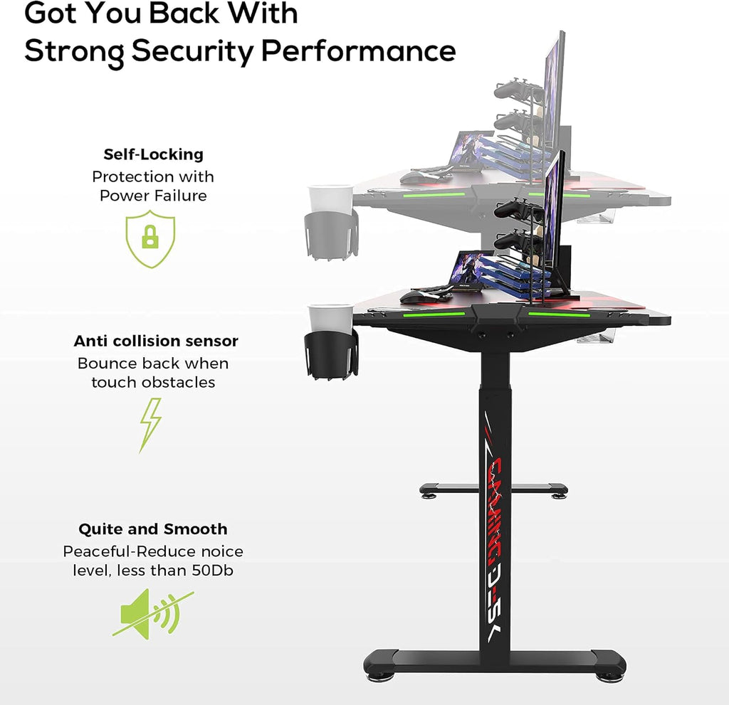 Black Electric Height Adjustable Standing Desk with RGB LED Lights V6509