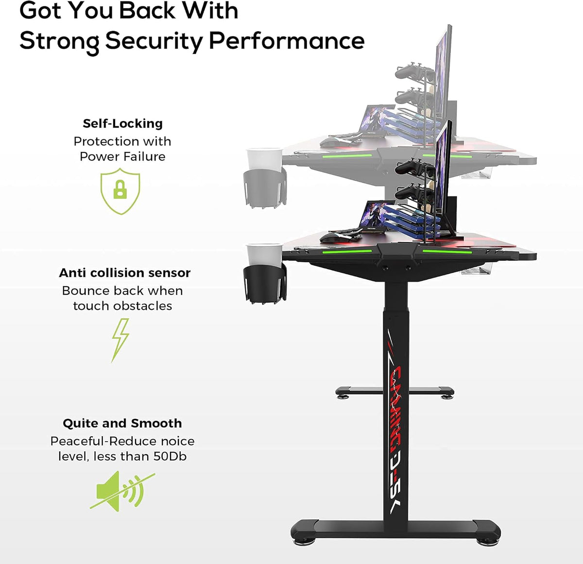 Black Electric Height Adjustable Standing Desk with RGB LED Lights V6509