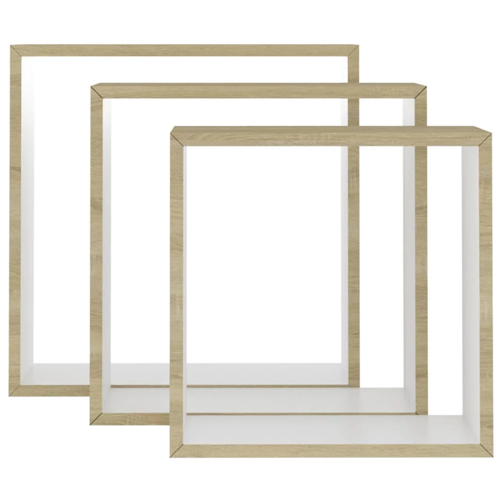 Set of 3 White Sonoma Oak MDF Wall Cube Shelves G4521