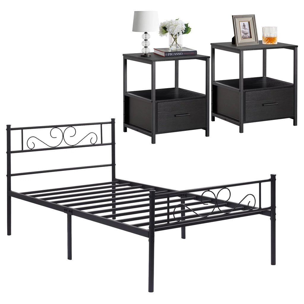 3-Piece Bedroom Set with Twin Bed Frame and 2 Black Nightstands S55713