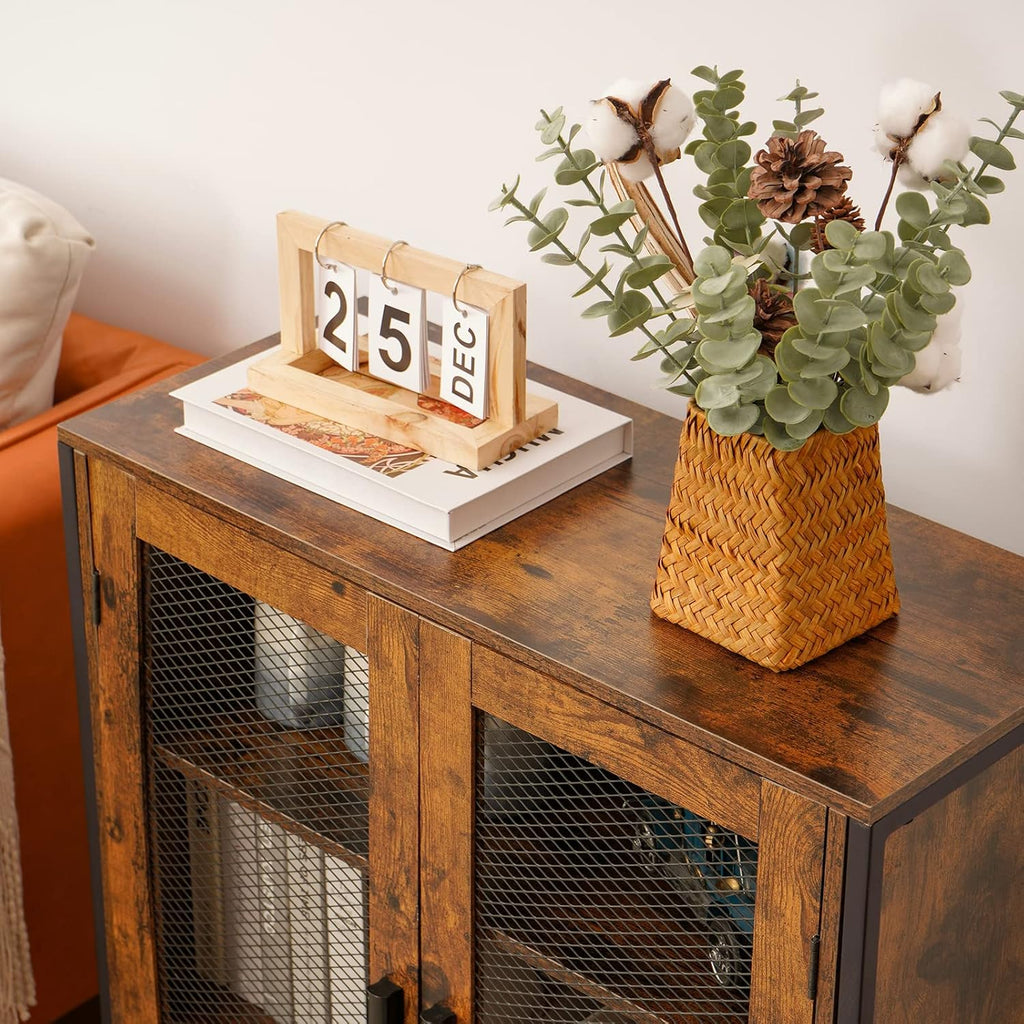 Rustic Brown 3-Tier Storage Cabinet with 2 Mesh Doors E50305