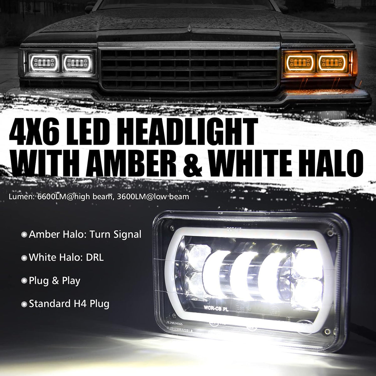 4x6 LED Headlights with White DRL Amber Turn Signal Halo Light G419434