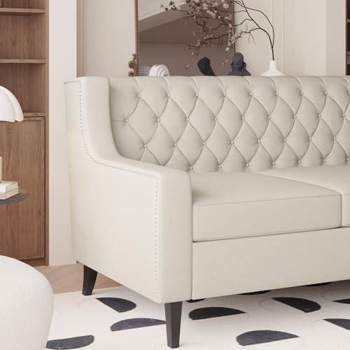 Beige Upholstered 3-Seater Sofa with Button Tufted Backrest Q593853