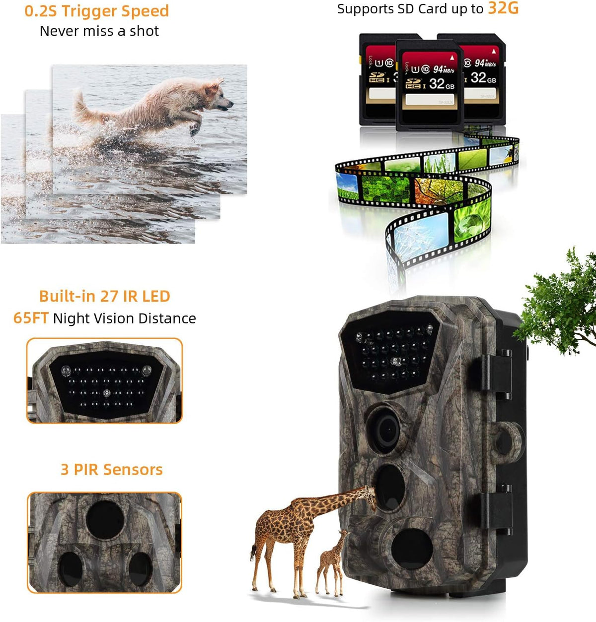 2 Pack 18MP 1080P Game Hunting Scouting Camera with 3 Infrared Sensors Motion Activated Night Vision 2.4" LCD F586349