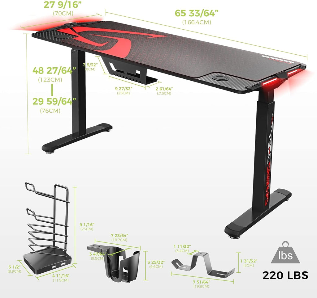 Black Electric Height Adjustable Standing Desk with RGB LED Lights V6509