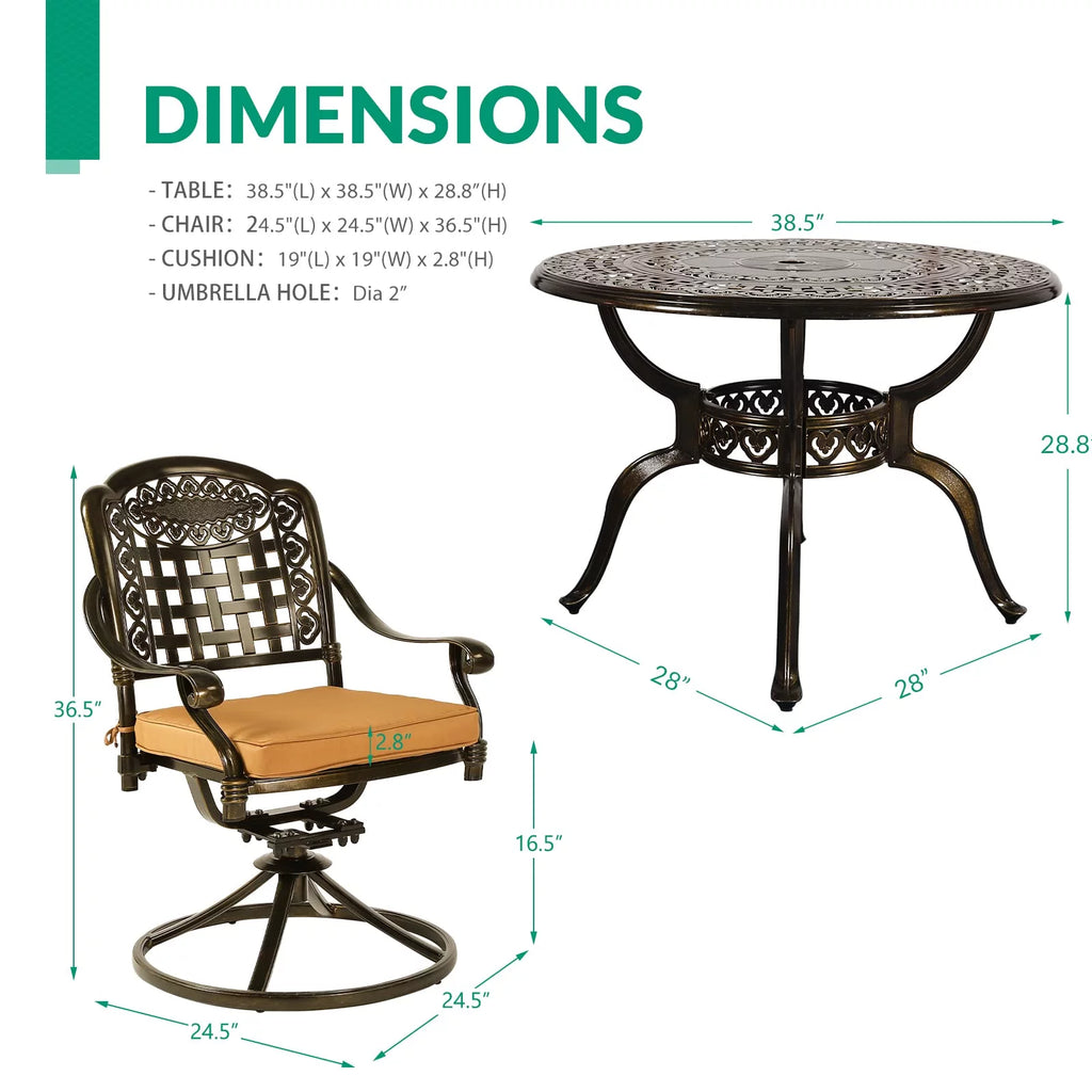 5-Piece Cast Aluminum Outdoor Patio Dining Set with 4 Swivel Chairs and Round Table E5293