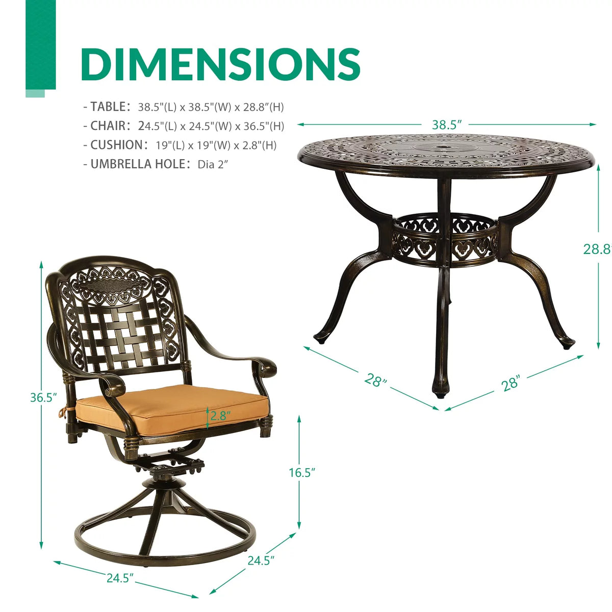 5-Piece Cast Aluminum Outdoor Patio Dining Set with 4 Swivel Chairs and Round Table E5293
