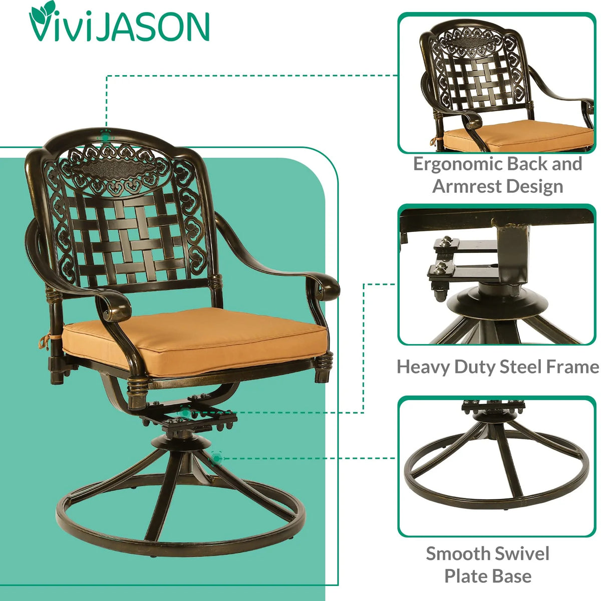 5-Piece Cast Aluminum Outdoor Patio Dining Set with 4 Swivel Chairs and Round Table E5293