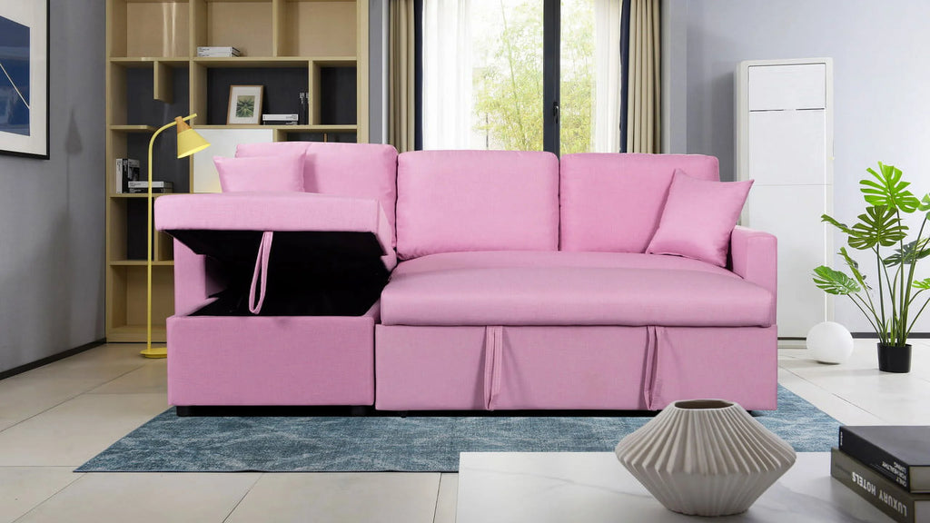 Pink Linen Fabric Reversible Sleeper Sectional Sofa with Storage Chaise E586394