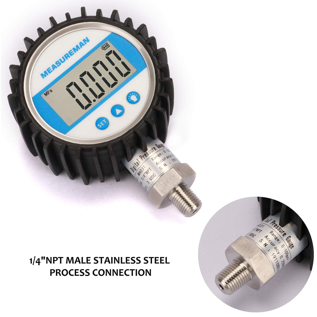 3-1/8" Dial Size Digital Pressure Gauge, 0-300psi/bar/Mpa/Kpa, 1/4"NPT Lower Mount, Pack of 2 D656931