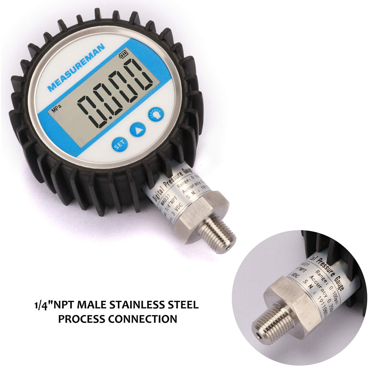 3-1/8" Dial Size Digital Pressure Gauge, 0-300psi/bar/Mpa/Kpa, 1/4"NPT Lower Mount, Pack of 2 D656931