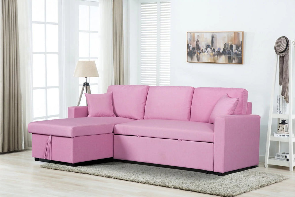 Pink Linen Fabric Reversible Sleeper Sectional Sofa with Storage Chaise E586394