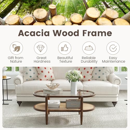 40”L Oval Acacia Wood Rattan Coffee Table with Tempered Glass Tabletop X7056