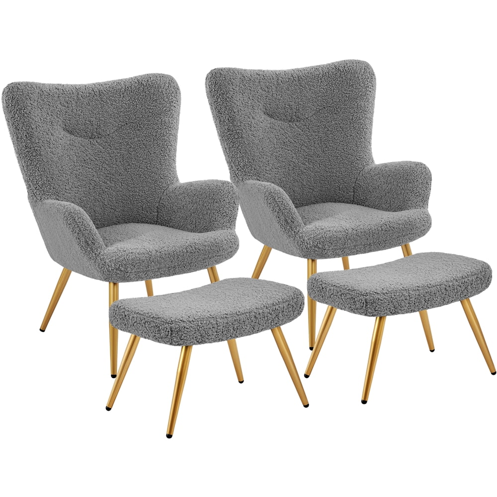 Gray Boucle Accent Chair and Ottoman Set with Golden Metal Legs V205485
