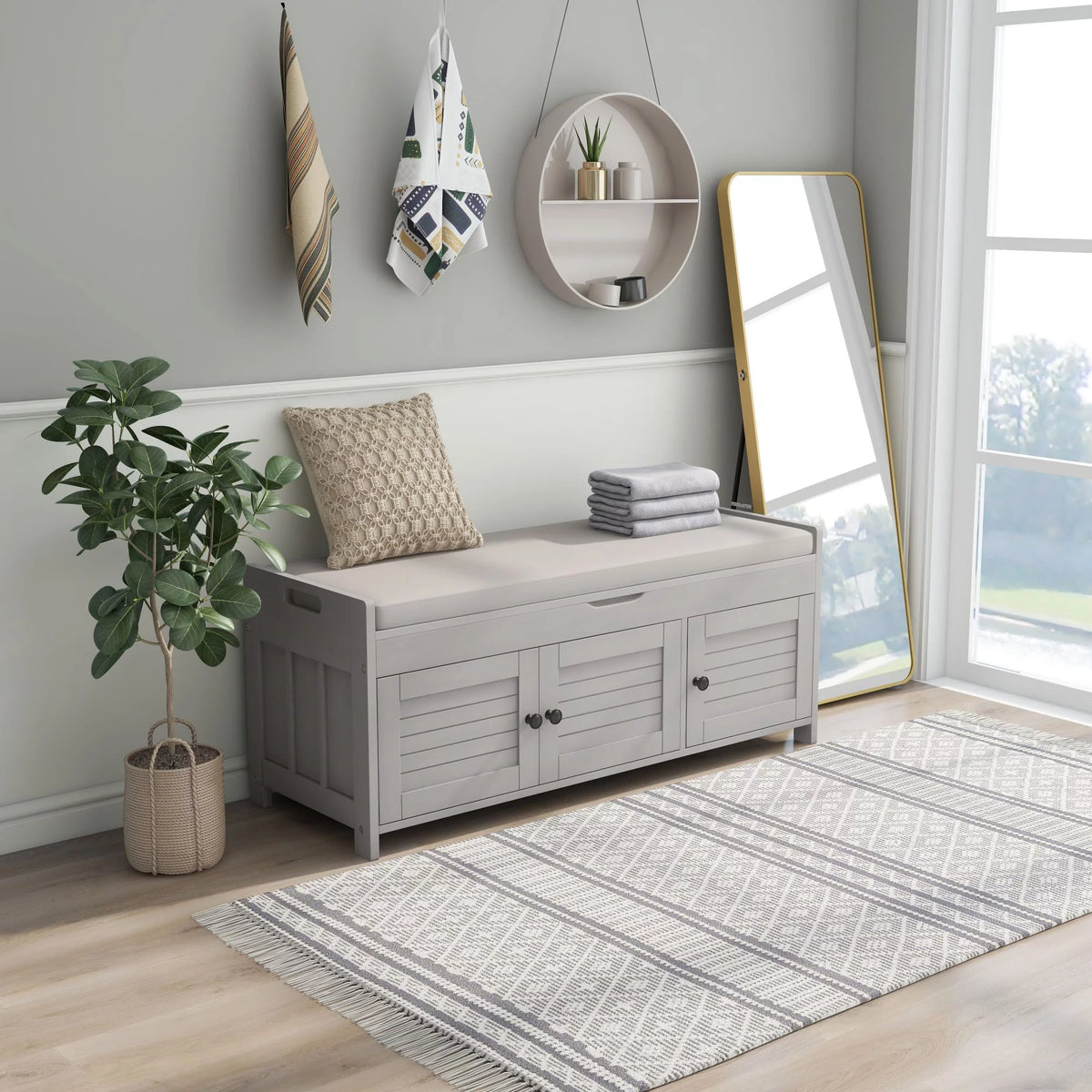 Gray Wash Storage Bench with Cushion T92778