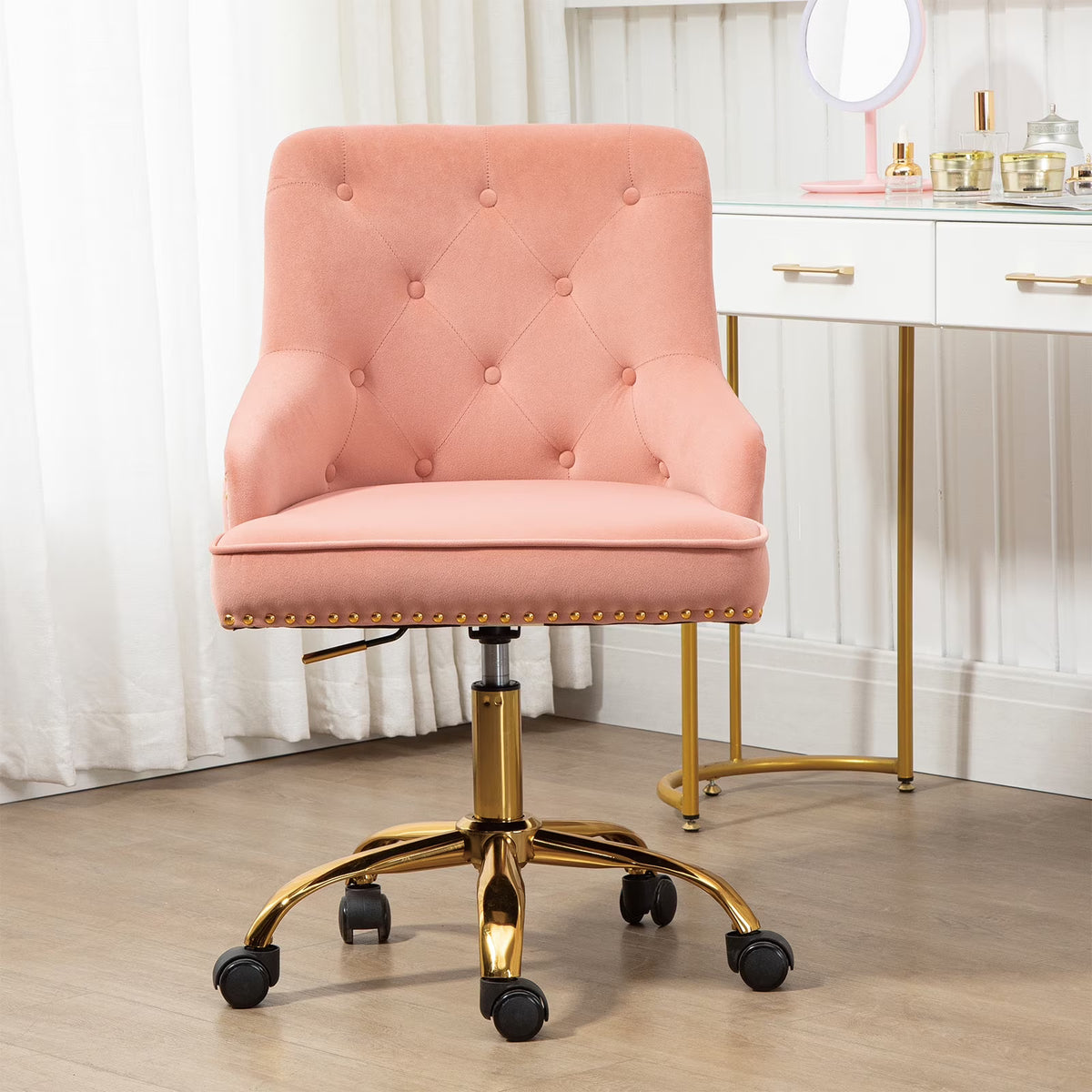 Velvet Vanity Chair with Tufted Button, Swivel Height-Adjustable Seat Q307071