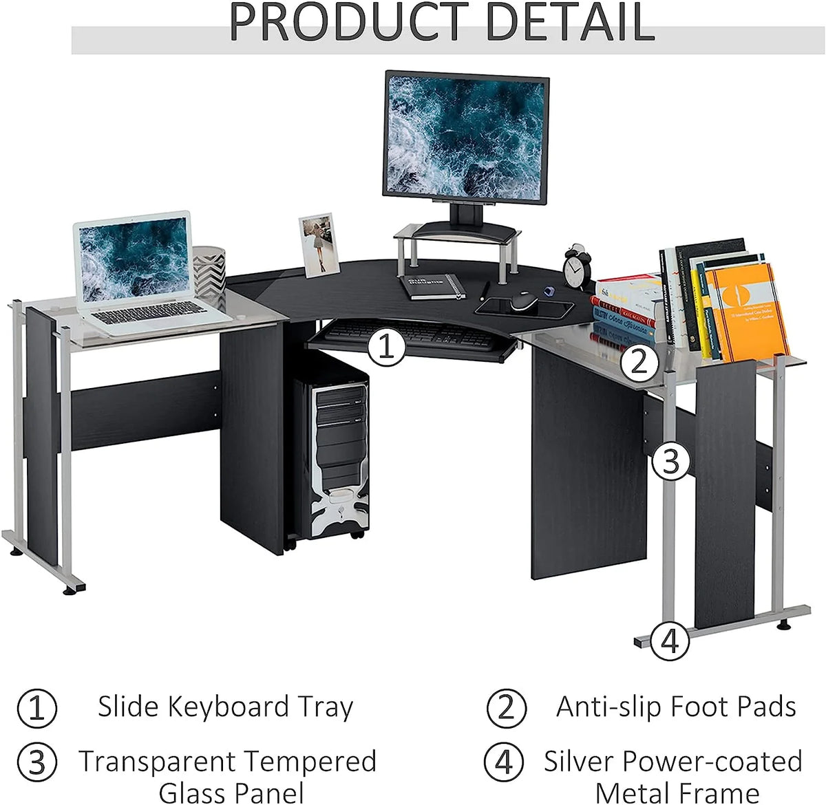 69" L-Shaped Tempered Glass Office Computer Desk with Steel Frame Black I746