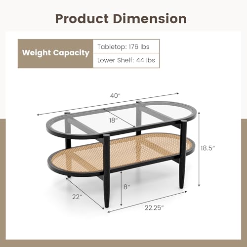 40”L Oval Acacia Wood Rattan Coffee Table with Tempered Glass Tabletop X7056