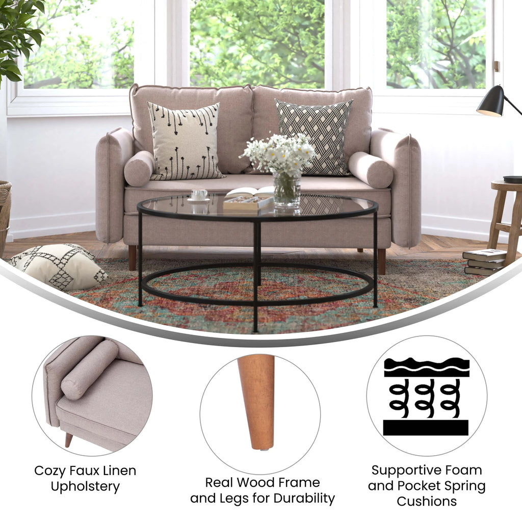 Taupe Faux Linen Loveseat Sofa with Solid Wood Legs N912485