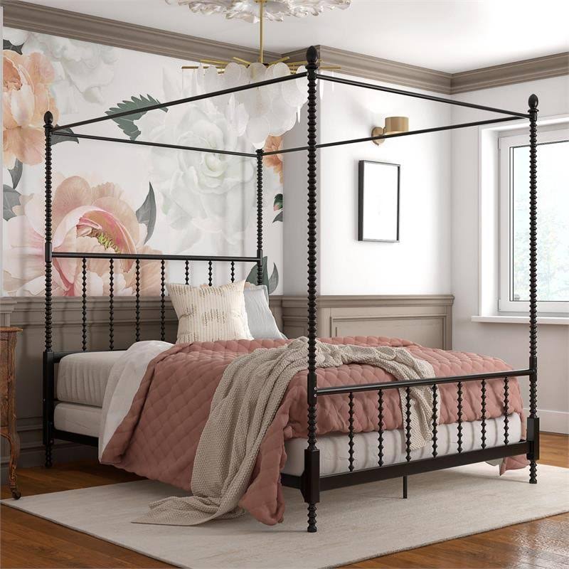 Queen Size Metal Canopy Bed Frame in Black C4055