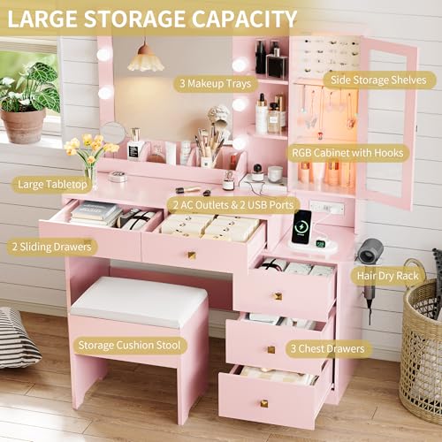 White Vanity Desk with Mirror and Lights, 5 Storage Drawers and Chair H9337