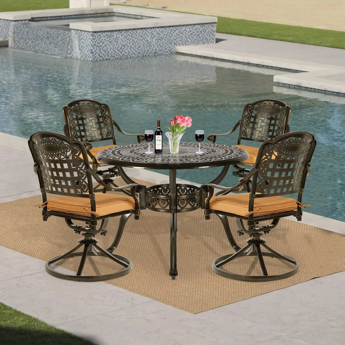 5-Piece Cast Aluminum Outdoor Patio Dining Set with 4 Swivel Chairs and Round Table E5293