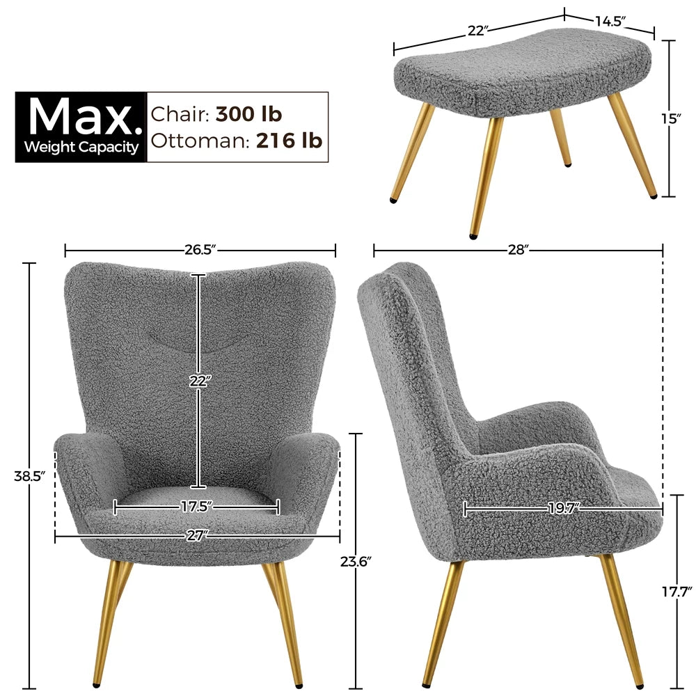 Gray Boucle Accent Chair and Ottoman Set with Golden Metal Legs V205485
