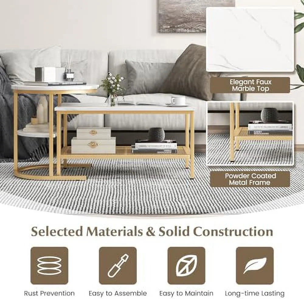 2 PCS Faux Marble Top Coffee Table Set G9003