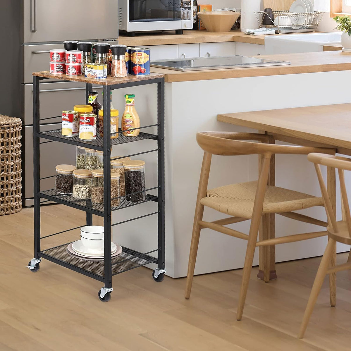 4-Tier Industrial Wood Serving Cart with Wheels N623
