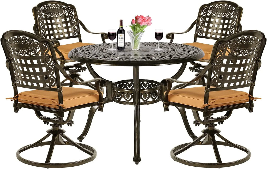 5-Piece Cast Aluminum Outdoor Patio Dining Set with 4 Swivel Chairs and Round Table E5293