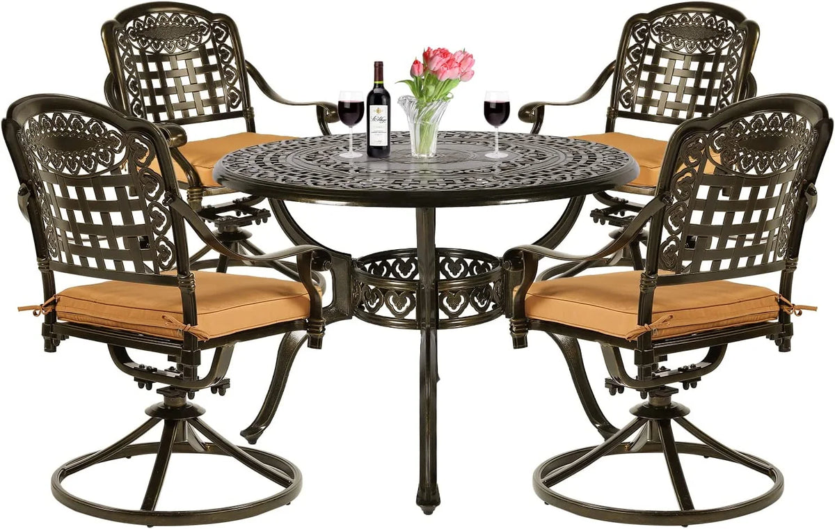 5-Piece Cast Aluminum Outdoor Patio Dining Set with 4 Swivel Chairs and Round Table E5293