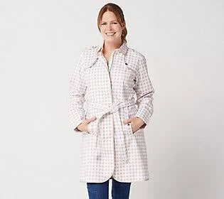 Gingham Trench Coat with Piping Detail, Size Plus 26, Country Linen F21829