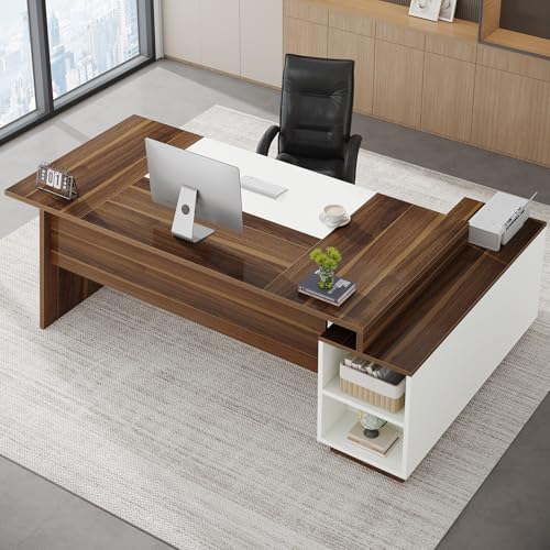 L-Shaped Executive Office Desk with Storage Cabinet and Shelves J7693