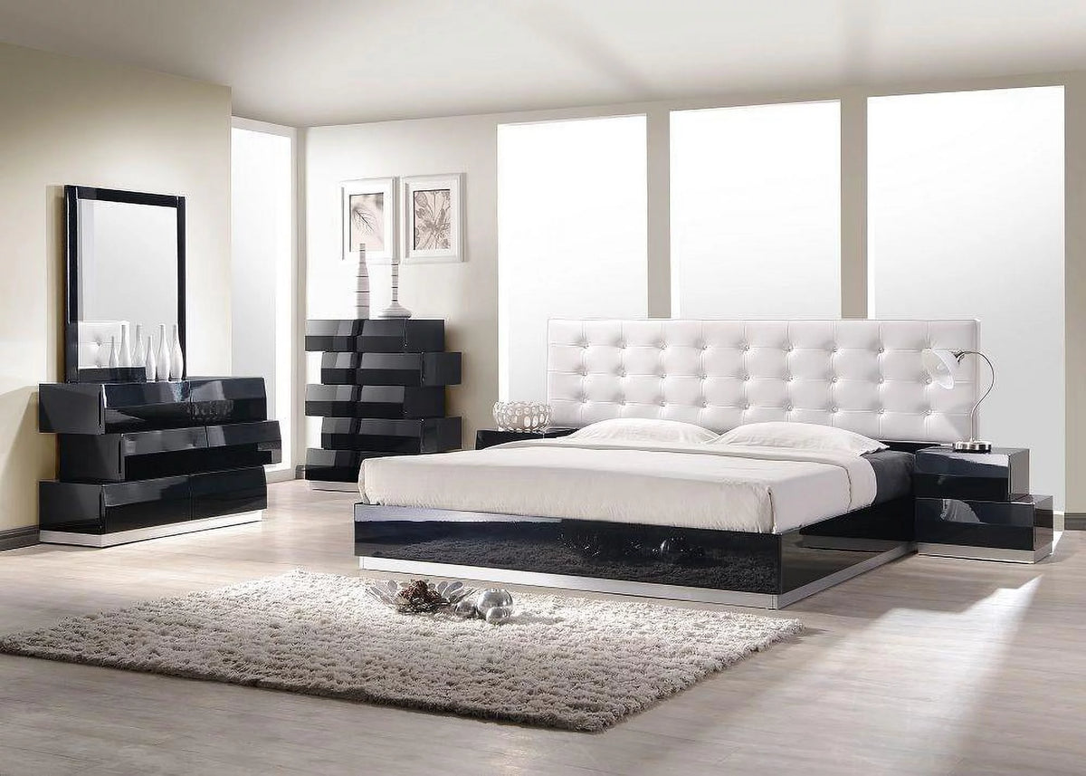 Black Lacquer High-gloss Platform Queen Bedroom Set 3Pcs K133