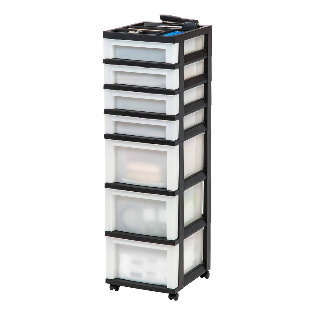 Medium 7-Drawer Rolling Storage Cart with Organizer Top, black/pearl M917