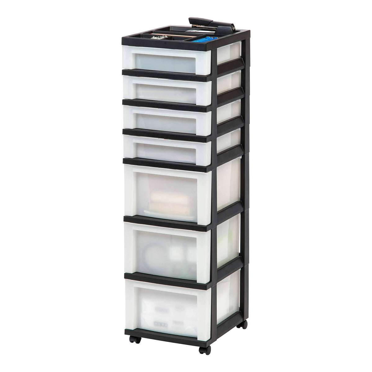 Medium 7-Drawer Rolling Storage Cart with Organizer Top, black/pearl M917