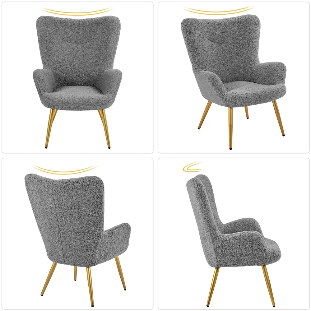 Gray Boucle Accent Chair and Ottoman Set with Golden Metal Legs V205485
