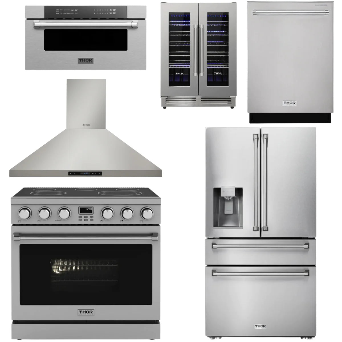 36 Electric Range, Range Hood, Refrigerator, Dishwasher, Microwave and Wine Cooler Z5098