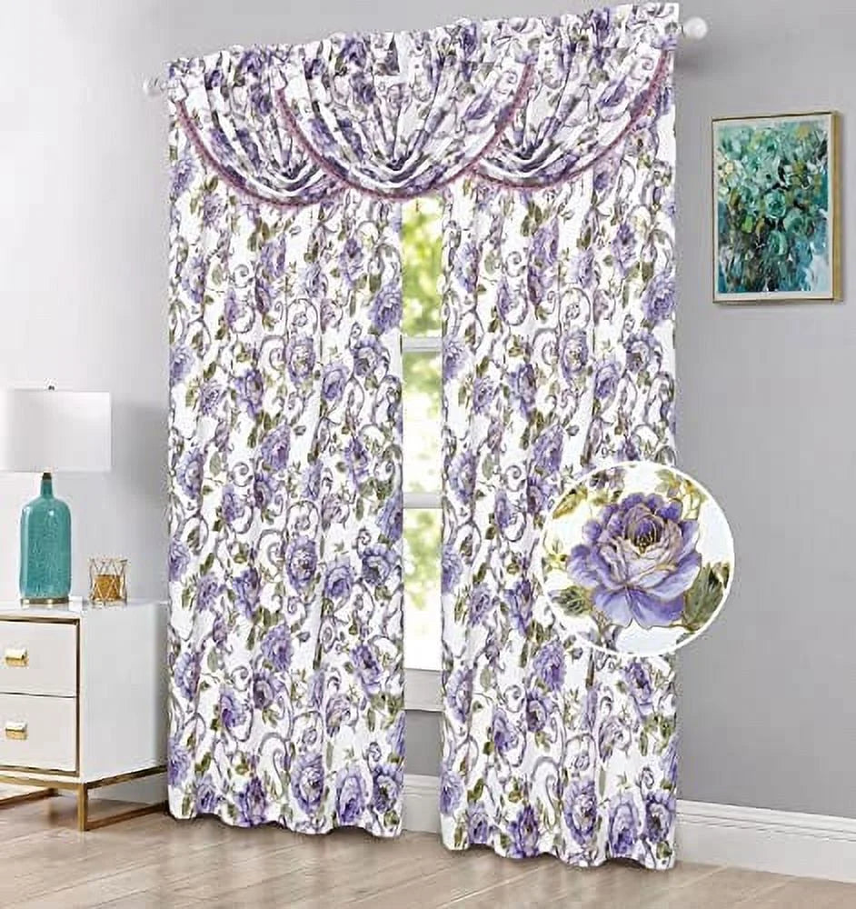 5 Piece Floral Blackout Curtain Set with Valances, 84" Long, Purple V803950
