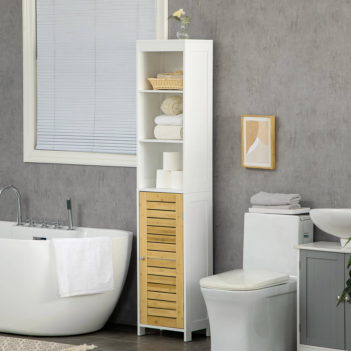 Tall White Bathroom Storage Cabinet with 3-Tier Shelf O55630