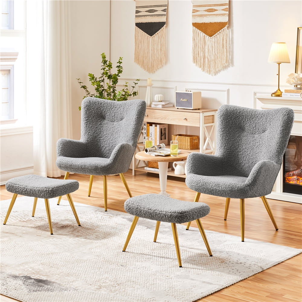 Gray Boucle Accent Chair and Ottoman Set with Golden Metal Legs V205485