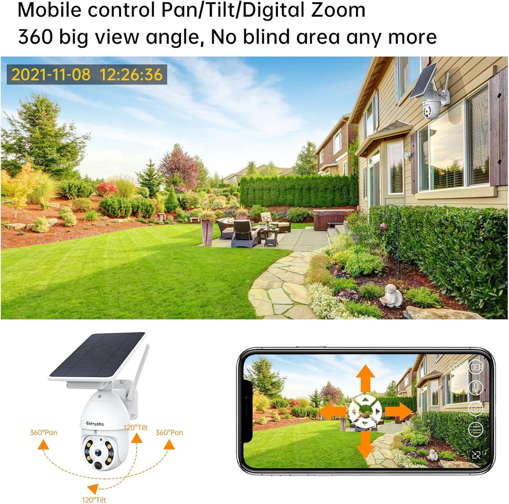 Solar Security Camera Wireless Outdoor 360° Pan Tilt WiFi Solar Powered Camera IP66 Waterproof X72180
