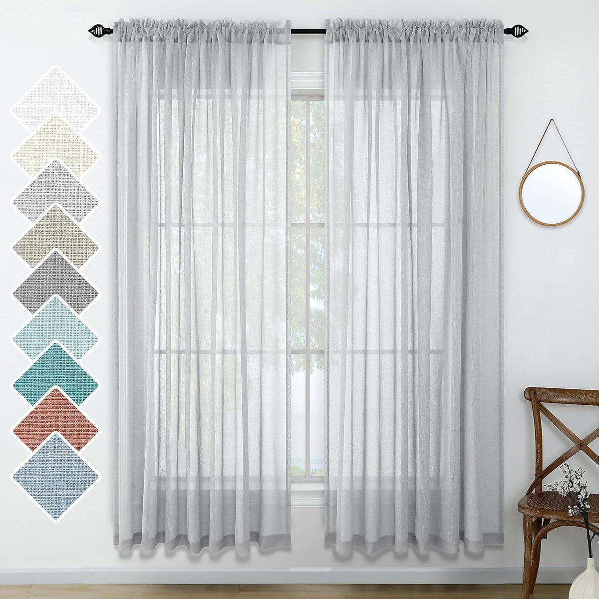 Navy Blue Semi Sheer Faux Linen Rod Pocket Curtains 84 Inch Set of 2 Panels U5073