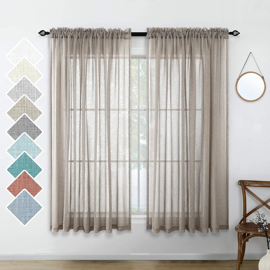 Navy Blue Semi Sheer Faux Linen Rod Pocket Curtains 84 Inch Set of 2 Panels U5073