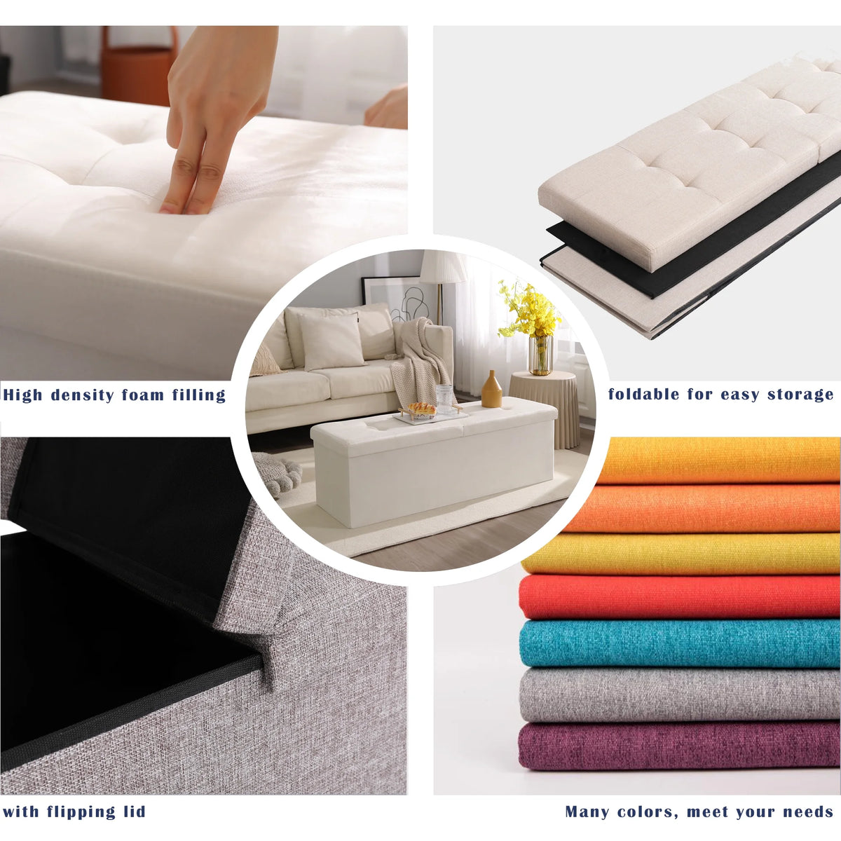 Linen Fabric Storage Ottoman Bench D309784