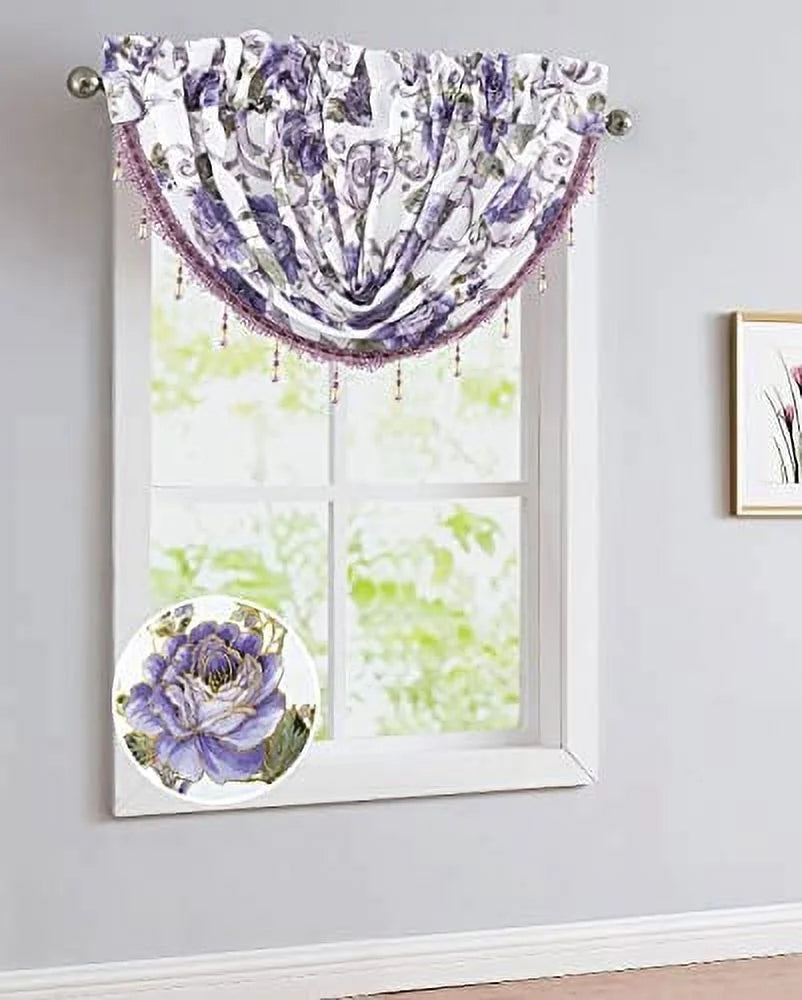 5 Piece Floral Blackout Curtain Set with Valances, 84" Long, Purple V803950