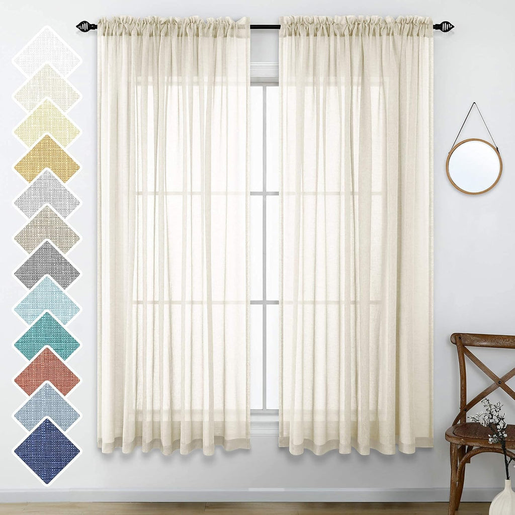 Navy Blue Semi Sheer Faux Linen Rod Pocket Curtains 84 Inch Set of 2 Panels U5073